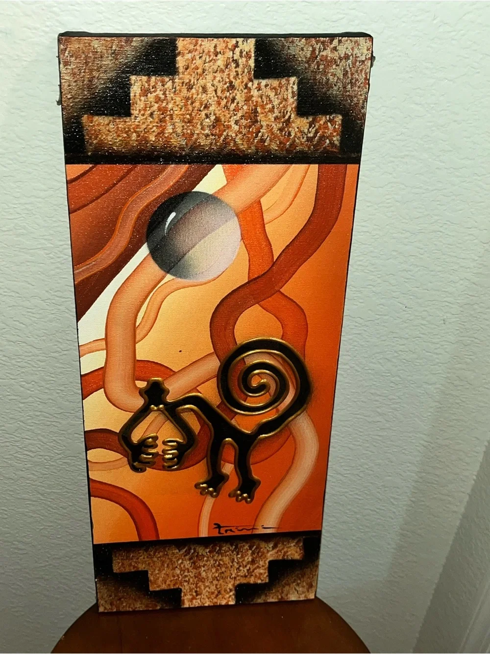 Original Peruvian Triptych Artist Signed Orange/Black/Gold Paint on Canvas 7x21